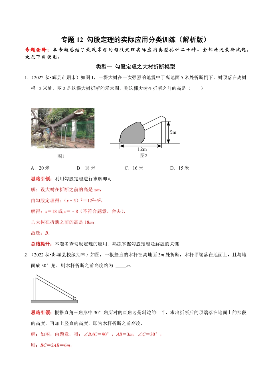 部编数学八年级下册专题12勾股定理的实际应用分类训练解析版含答案.pdf_第1页