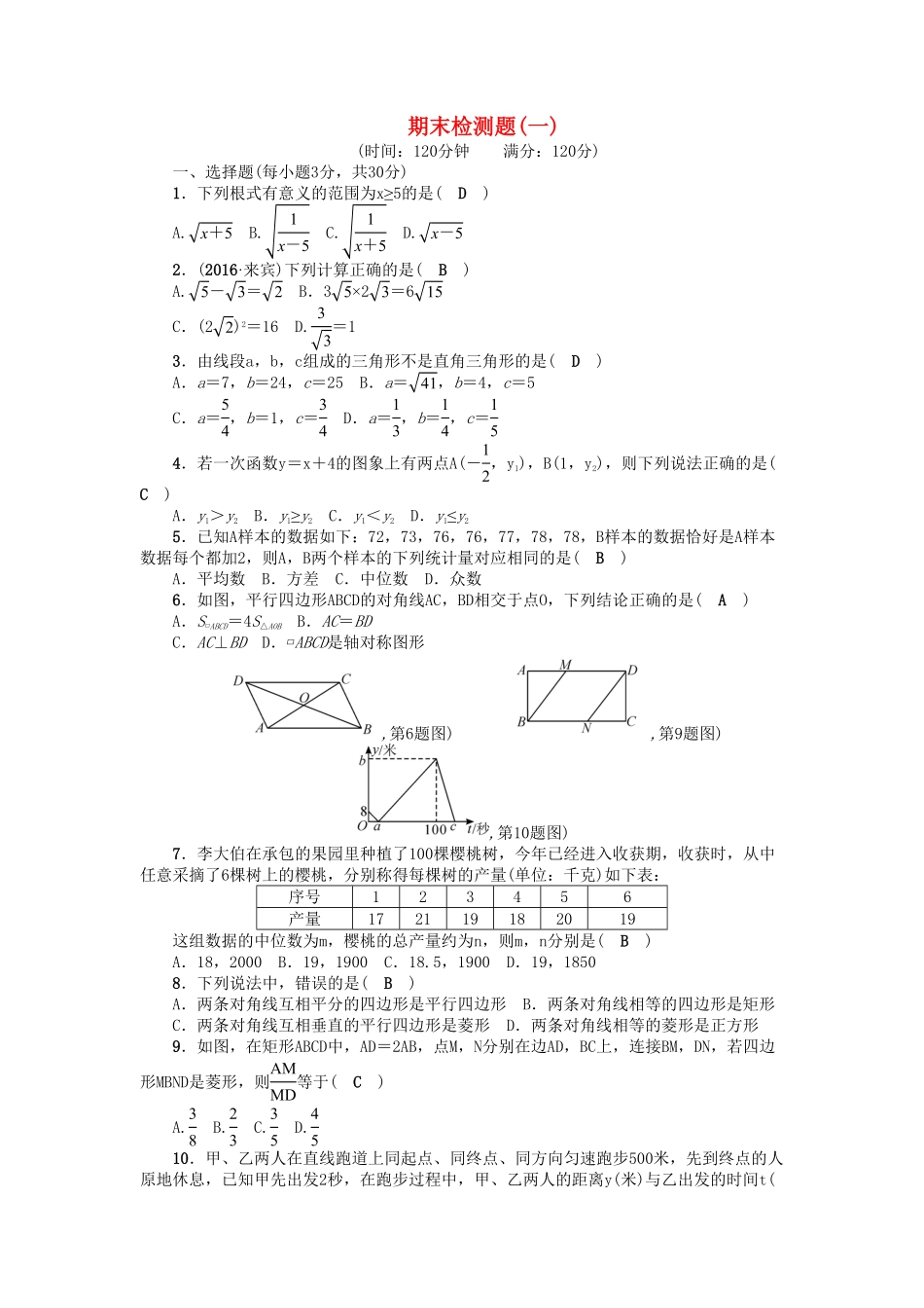 部编数学八年级下册期末检测题(一)含答案.pdf_第1页