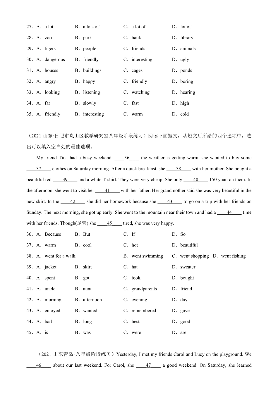Unit2单元话题完形填空专项练习八年级英语上册单元重难点易错题精练人教版含答案.pdf_第3页