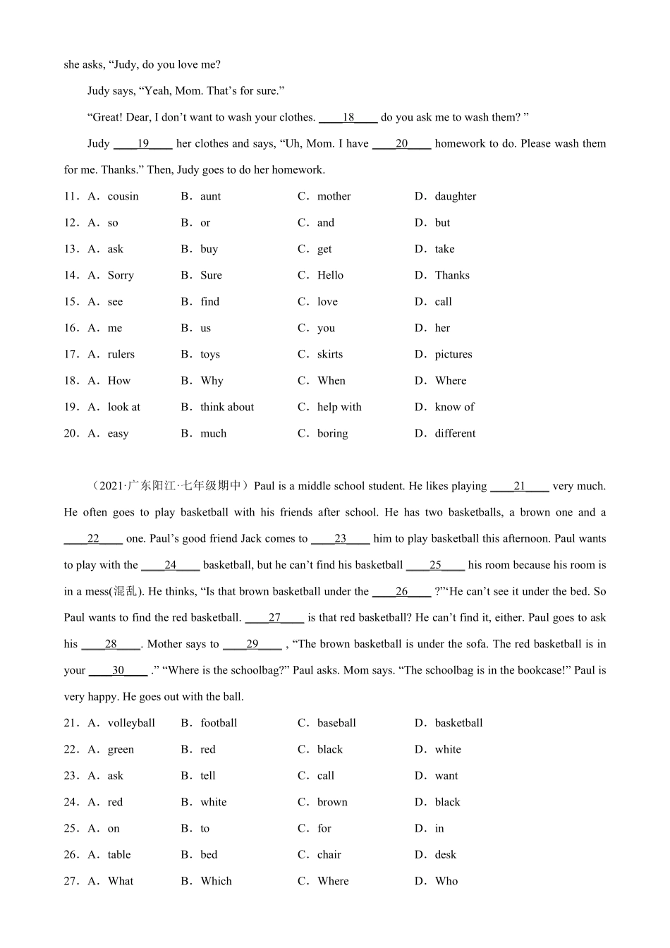 Unit2单元话题完形填空练习七年级英语下册单元重难点易错题精练人教版含答案.pdf_第2页