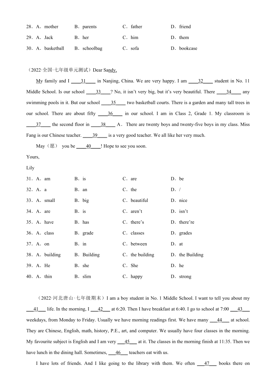 Unit2单元话题完形填空练习七年级英语下册单元重难点易错题精练人教版含答案.pdf_第3页