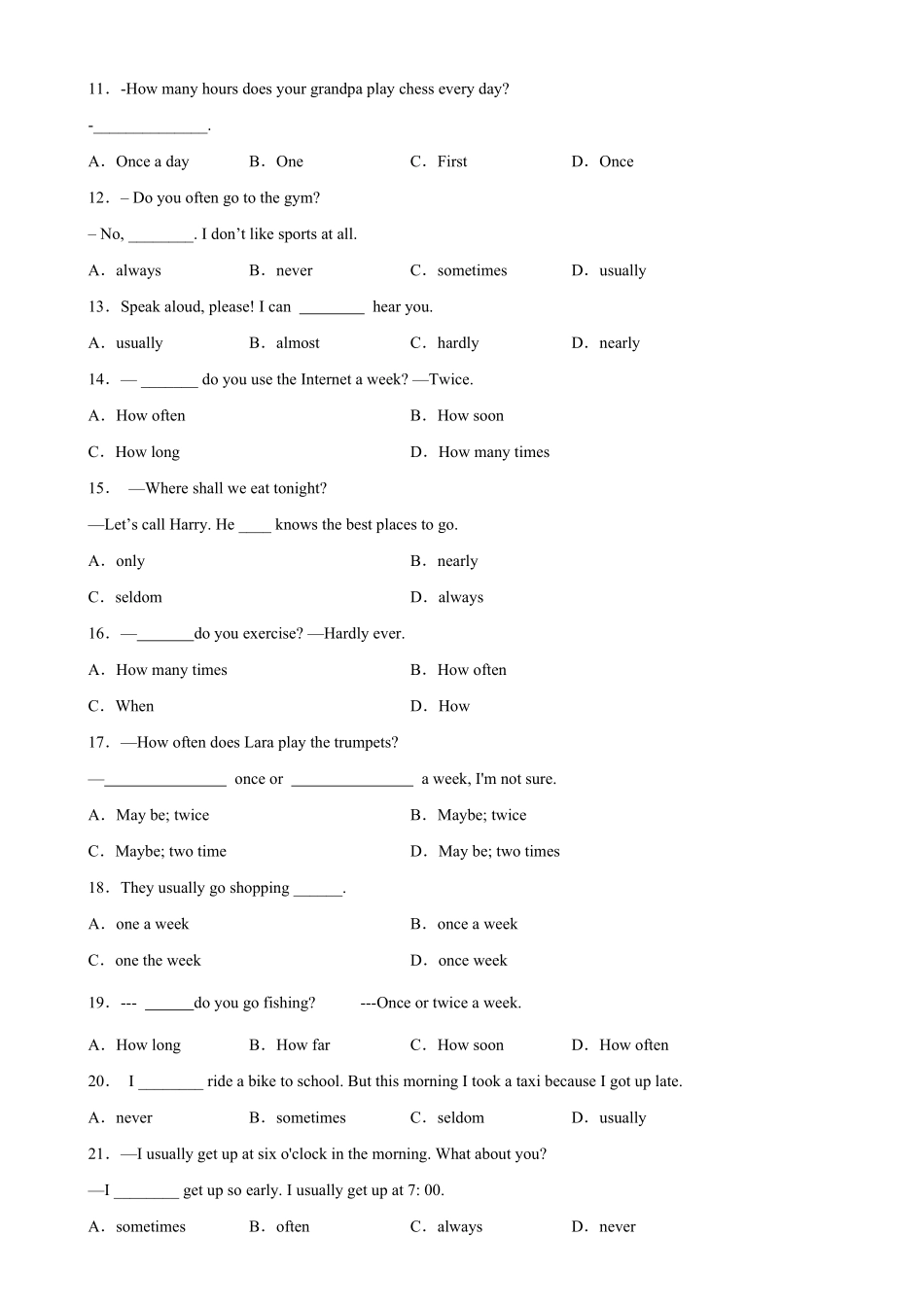 Unit2Grammar重点语法频度副词和howoften引导的疑问句八年级英语上册单元重难点易错题精练人教版含答案.pdf_第2页