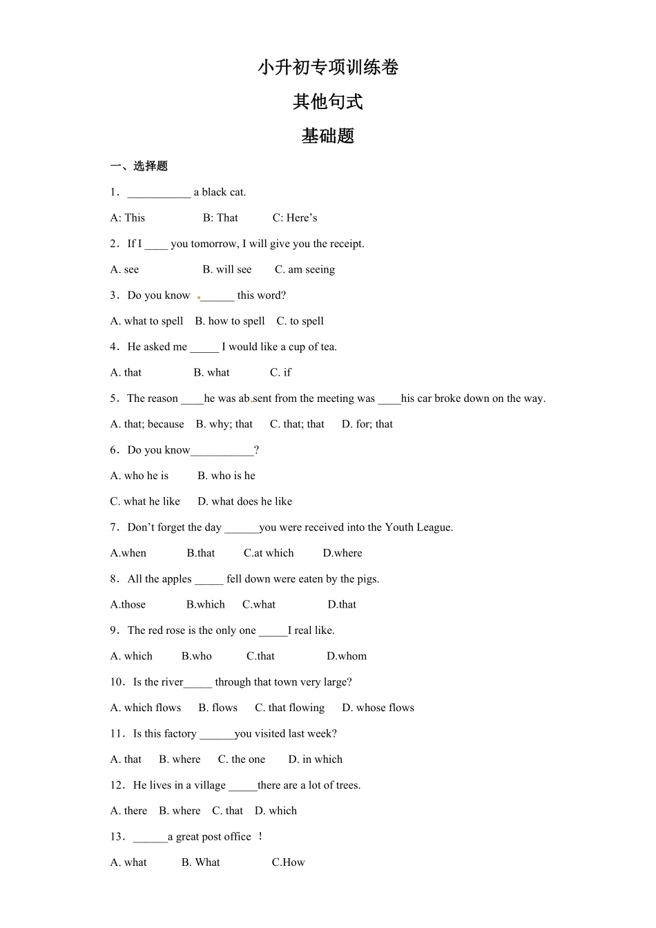 【精品】小升初英语知识专项训练时态与句法 其他句式含答案.pdf_第1页