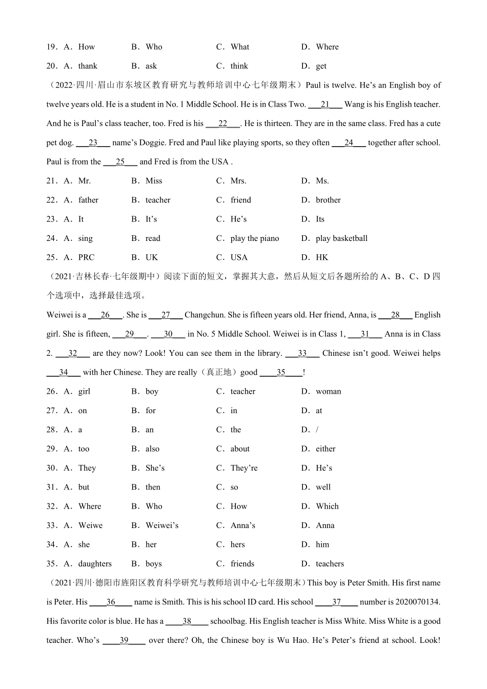 Unit1单元话题完形填空专项练习七年级英语上册单元重难点易错题精练人教版含答案.pdf_第2页