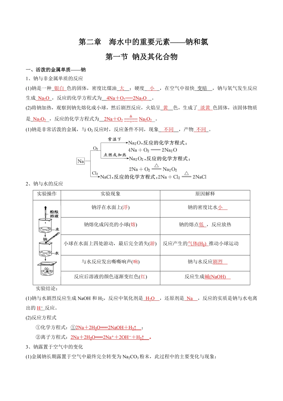 第2章海水中的重要元素——钠和氯-高中化学全册必背章节知识清单新人教版必修第一册教师版.pdf_第1页