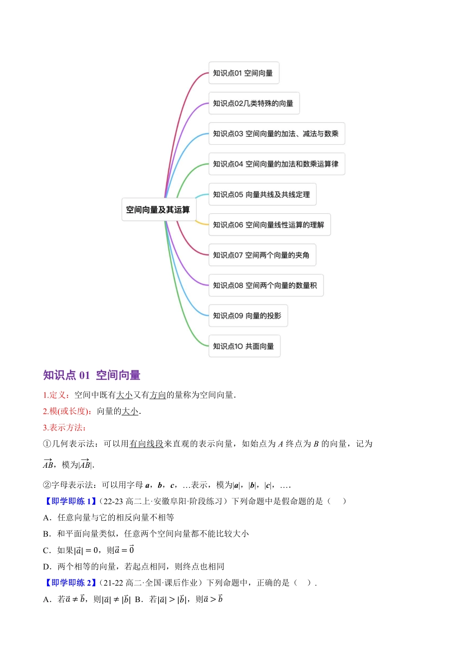 1.1.1空间向量及其运算(10知识点+9题型+巩固训练)(原卷版)-2025《高中数学同步课堂学与练》高二(人教B版选修第一册).pdf_第2页