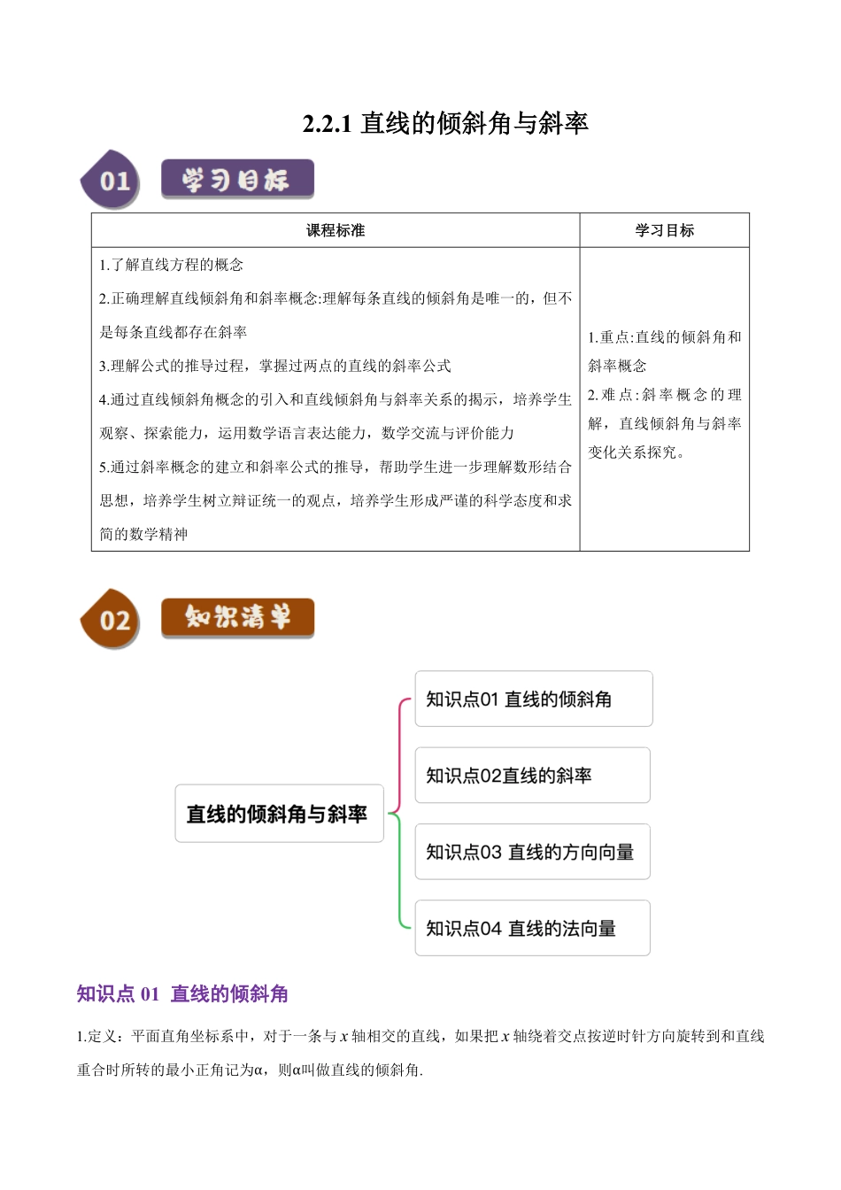 2.2.1直线的倾斜角与斜率(4知识点+7题型+巩固训练)(原卷版)-2025《高中数学同步课堂学与练》高二(人教B版选修第一册).pdf_第1页