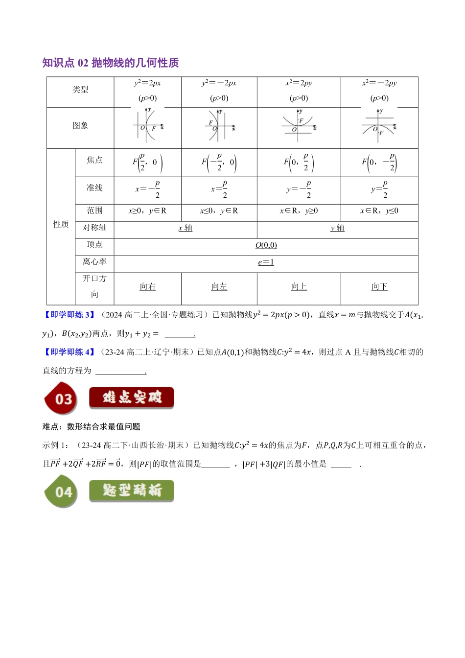 2.7抛物线及其方程(2知识点+8题型+巩固训练)(原卷版)-2025《高中数学同步课堂学与练》高二(人教B版选修第一册).pdf_第2页