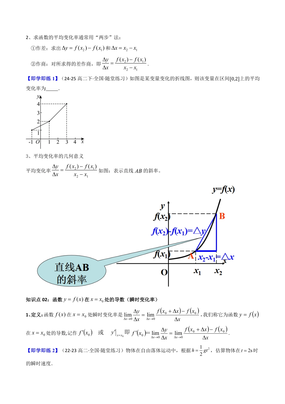 第01讲 5.1导数的概念及其几何意义(知识清单+5类热点题型讲练+分层强化训练)(原卷版)-2025《高中数学同步课堂学与练》高二(人教A版选修第二册).pdf_第2页