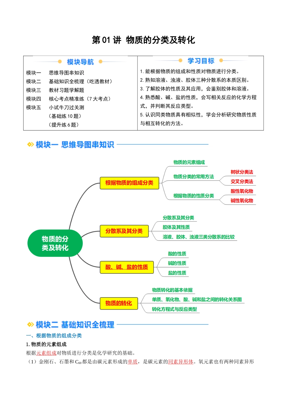 第01讲 物质的分类与转化（解析版）-2025【初升高衔接】新高一暑假学习提升计划（化学）.docx_第1页