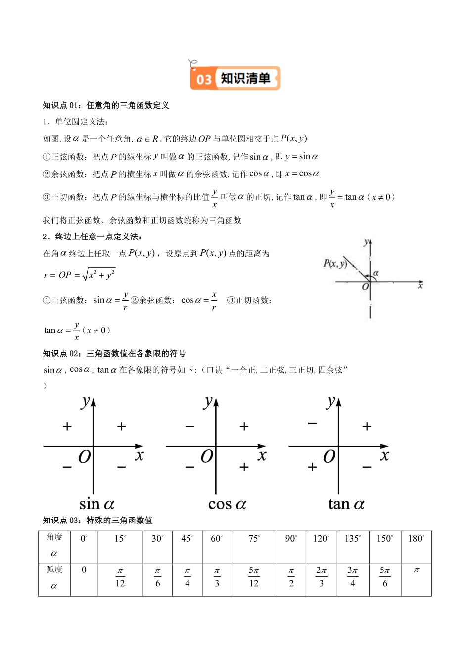 第02讲 5.2.1三角函数的概念(知识清单+6类热点题型讲练+分层强化训练)(原卷版)-2025《高中数学同步课堂学与练》高一(人教A版必修第一册).pdf_第2页