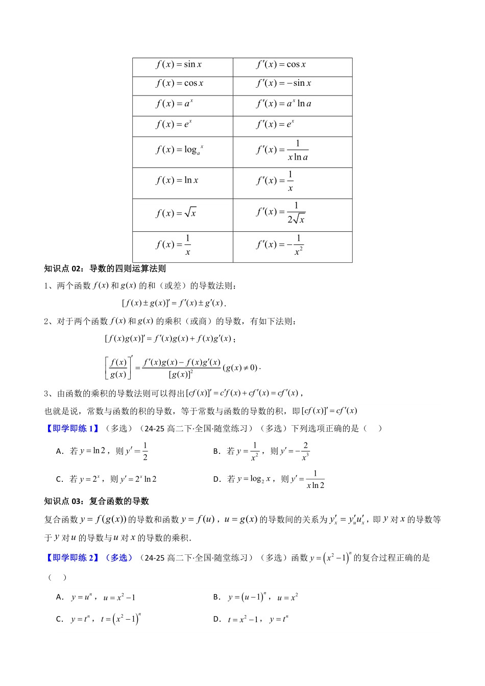 第02讲 5.2导数的运算(知识清单+9类热点题型讲练+分层强化训练)(原卷版)-2025《高中数学同步课堂学与练》高二(人教A版选修第二册).pdf_第2页