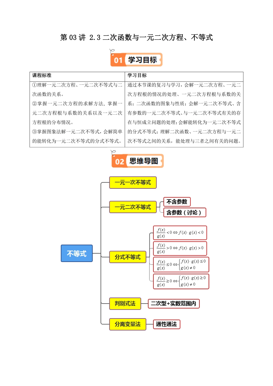 第03讲 2.3二次函数与一元二次方程、不等式(知识清单+10类热点题型讲练+分层强化训练)(解析版)-2025《高中数学同步课堂学与练》高一(人教A版必修第一册).pdf_第1页