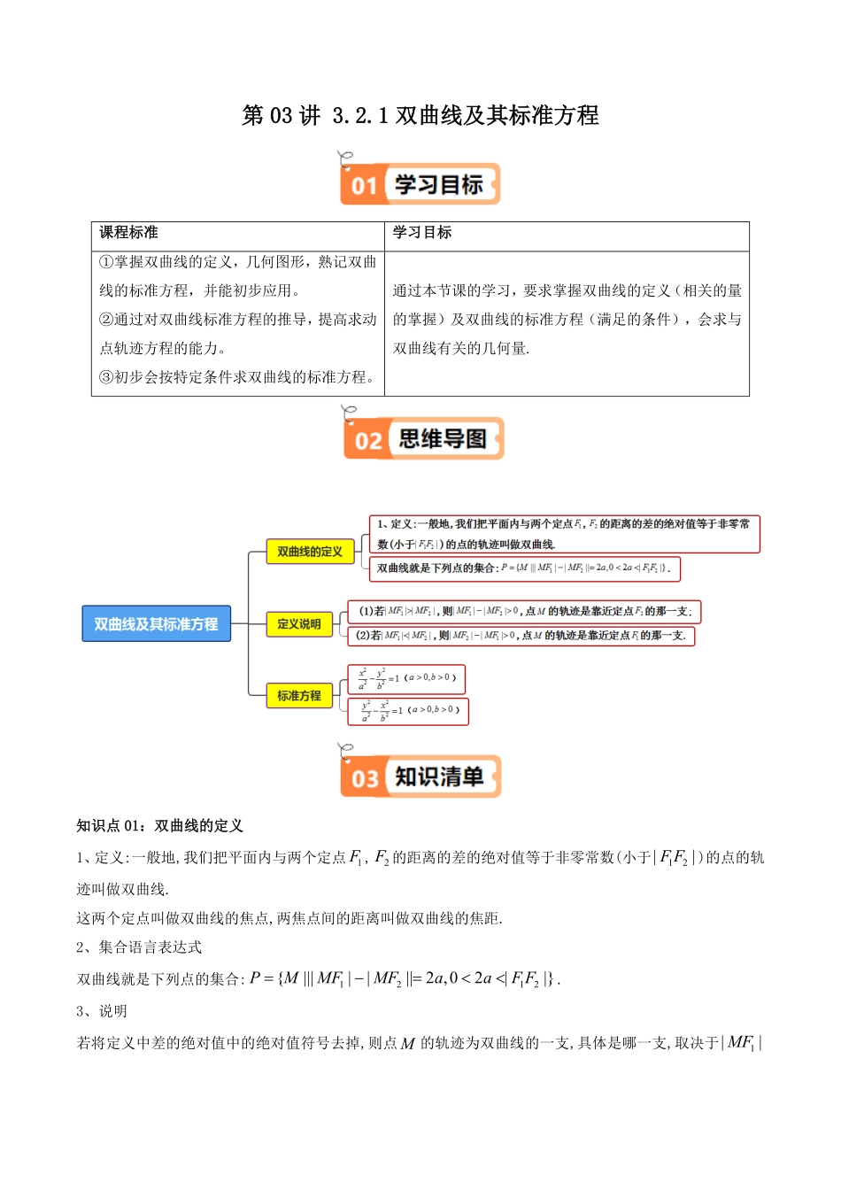 第03讲 3.2.1双曲线及其标准方程(知识清单+8类热点题型讲练+分层强化训练)(原卷版)-2025《高中数学同步课堂学与练》高二(人教A版选修第一册).pdf_第1页