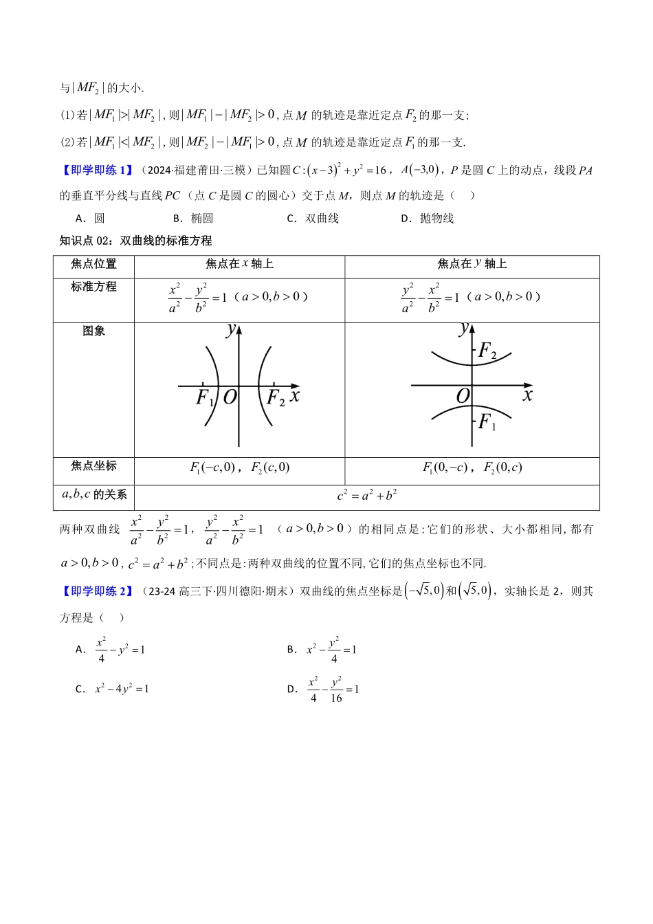 第03讲 3.2.1双曲线及其标准方程(知识清单+8类热点题型讲练+分层强化训练)(原卷版)-2025《高中数学同步课堂学与练》高二(人教A版选修第一册).pdf_第2页