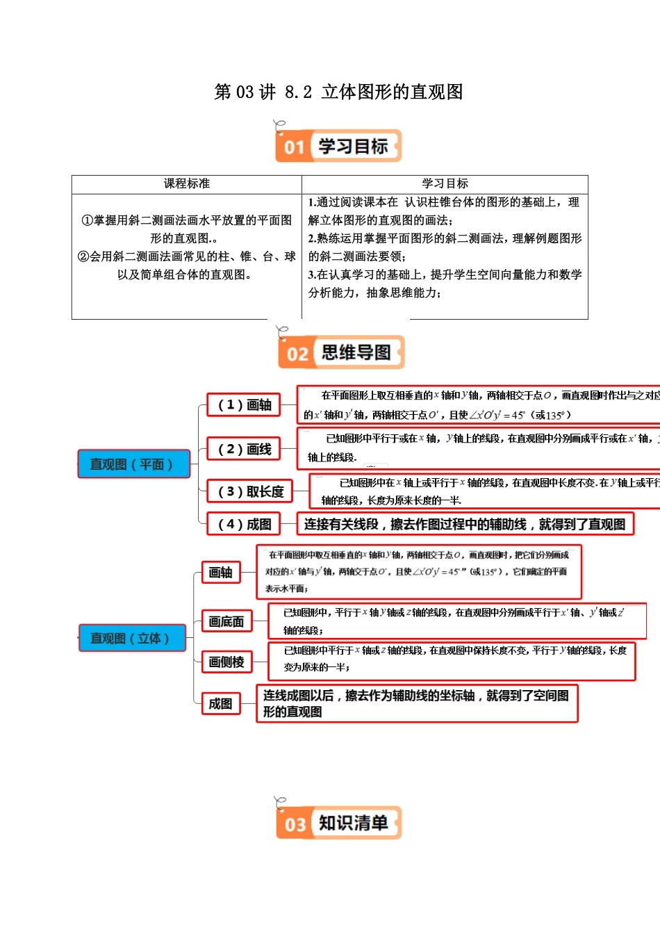 第03讲 8.2 立体图形的直观图(知识清单+5类热点题型讲练+分层强化训练)(原卷版)-2025《高中数学同步课堂学与练》高一(人教A版必修第二册).pdf_第1页