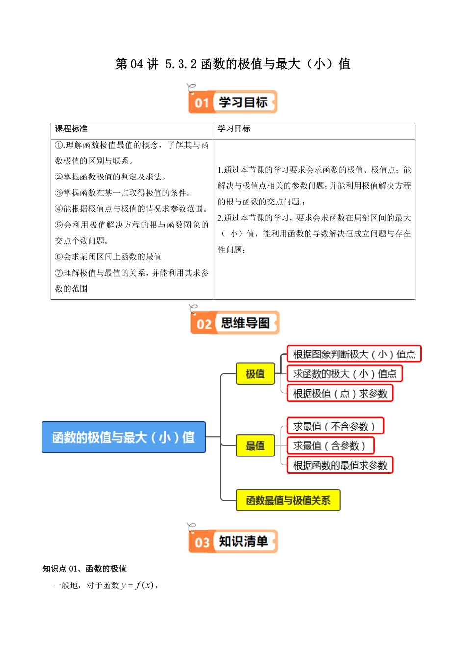 第04讲 5.3.2函数的极值与最大(小)值(知识清单+6类热点题型讲练+分层强化训练)(原卷版)-2025《高中数学同步课堂学与练》高二(人教A版选修第二册).pdf_第1页