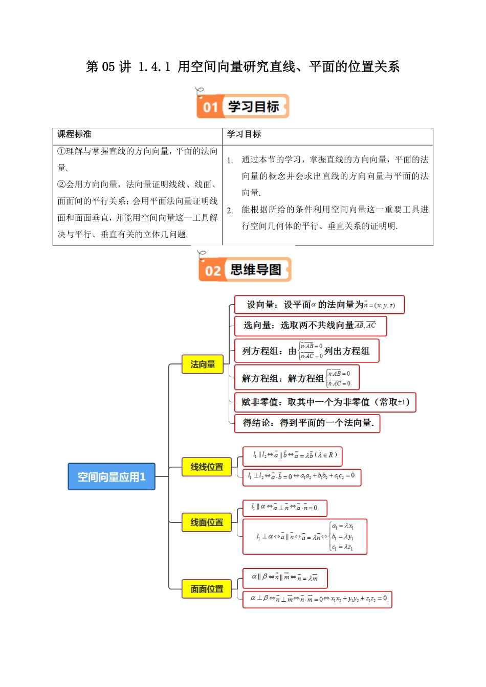 第05讲 1.4.1 用空间向量研究直线、平面的位置关系(原卷版)-2025《高中数学同步课堂学与练》高二(人教A版选修第一册).pdf_第1页
