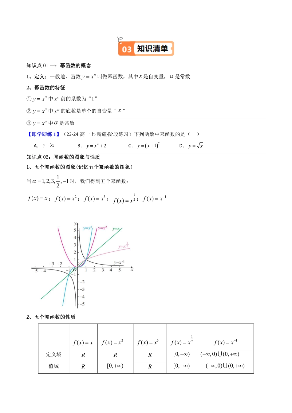 第05讲 3.3幂函数(知识清单+12类热点题型讲练+分层强化训练)(原卷版)-2025《高中数学同步课堂学与练》高一(人教A版必修第一册).pdf_第2页