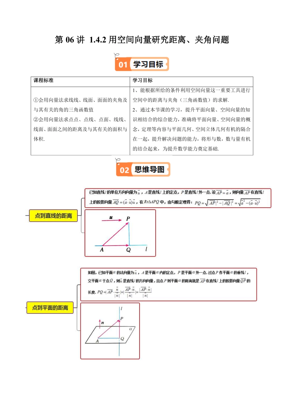 第06讲 1.4.2用空间向量研究距离、夹角问题(原卷版)-2025《高中数学同步课堂学与练》高二(人教A版选修第一册).pdf_第1页