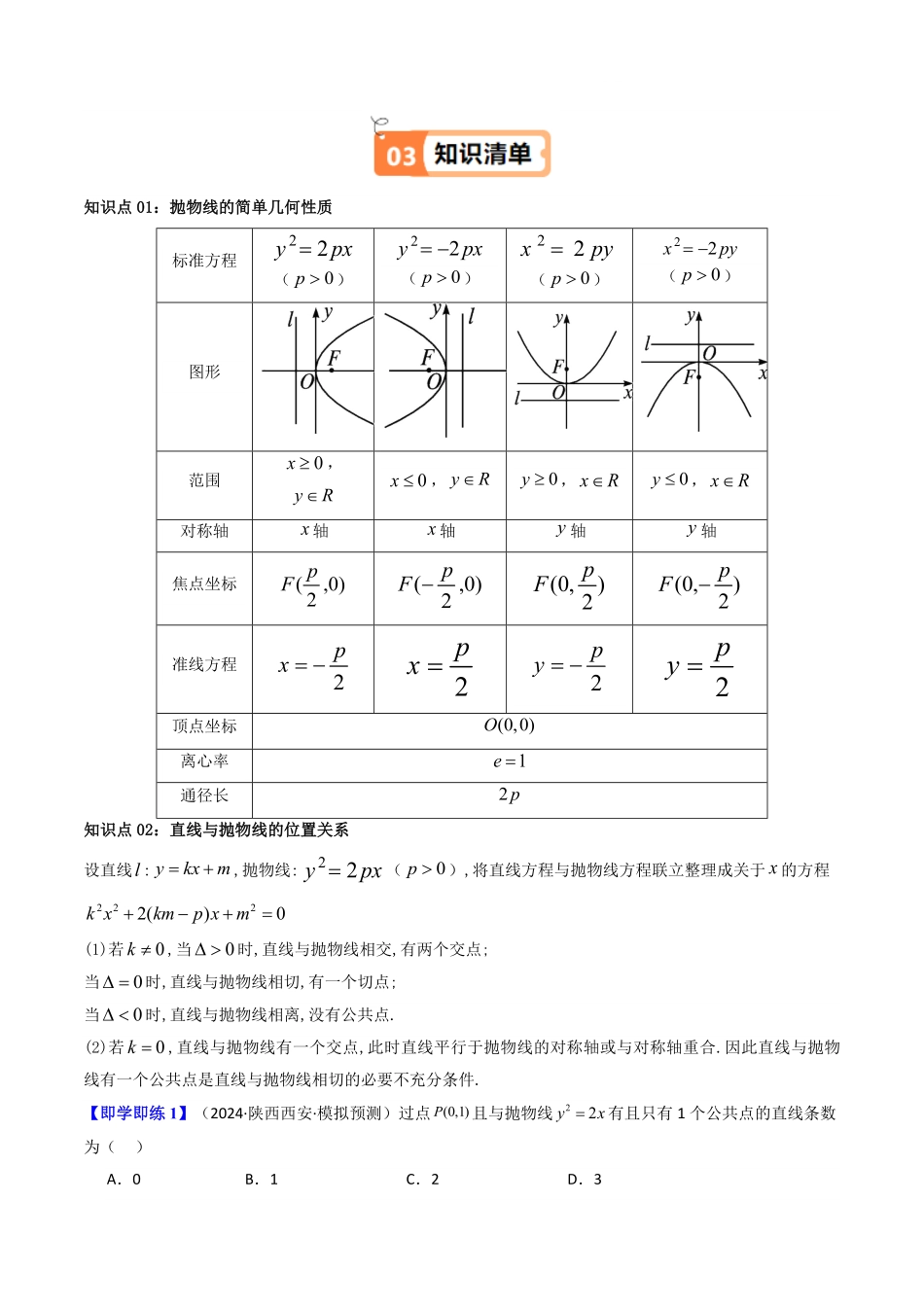 第06讲 3.3.2抛物线的简单几何性质(知识清单+8类热点题型讲练+分层强化训练)(原卷版)-2025《高中数学同步课堂学与练》高二(人教A版选修第一册).pdf_第2页
