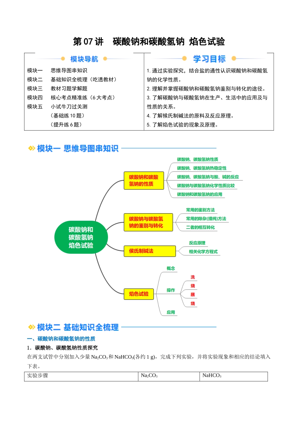 第07讲 碳酸钠和碳酸氢钠 焰色试验（原卷版）-2025【初升高衔接】新高一暑假学习提升计划（化学）.docx_第1页