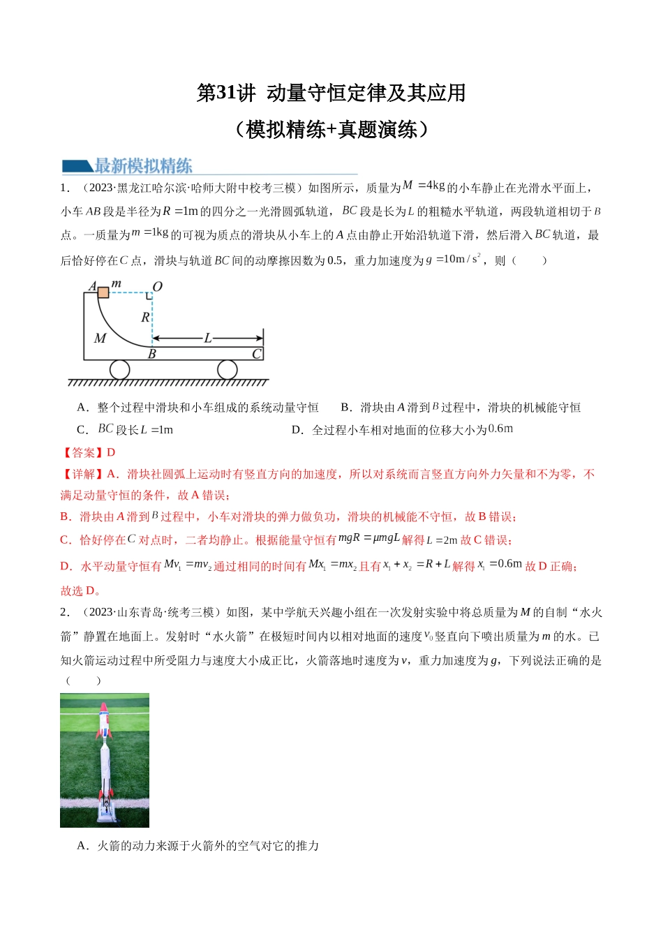 第31讲 动量守恒定律及其应用（练习）（解析版）-【物理】2025版三维设计一轮总复习模拟、真题演练.docx_第1页