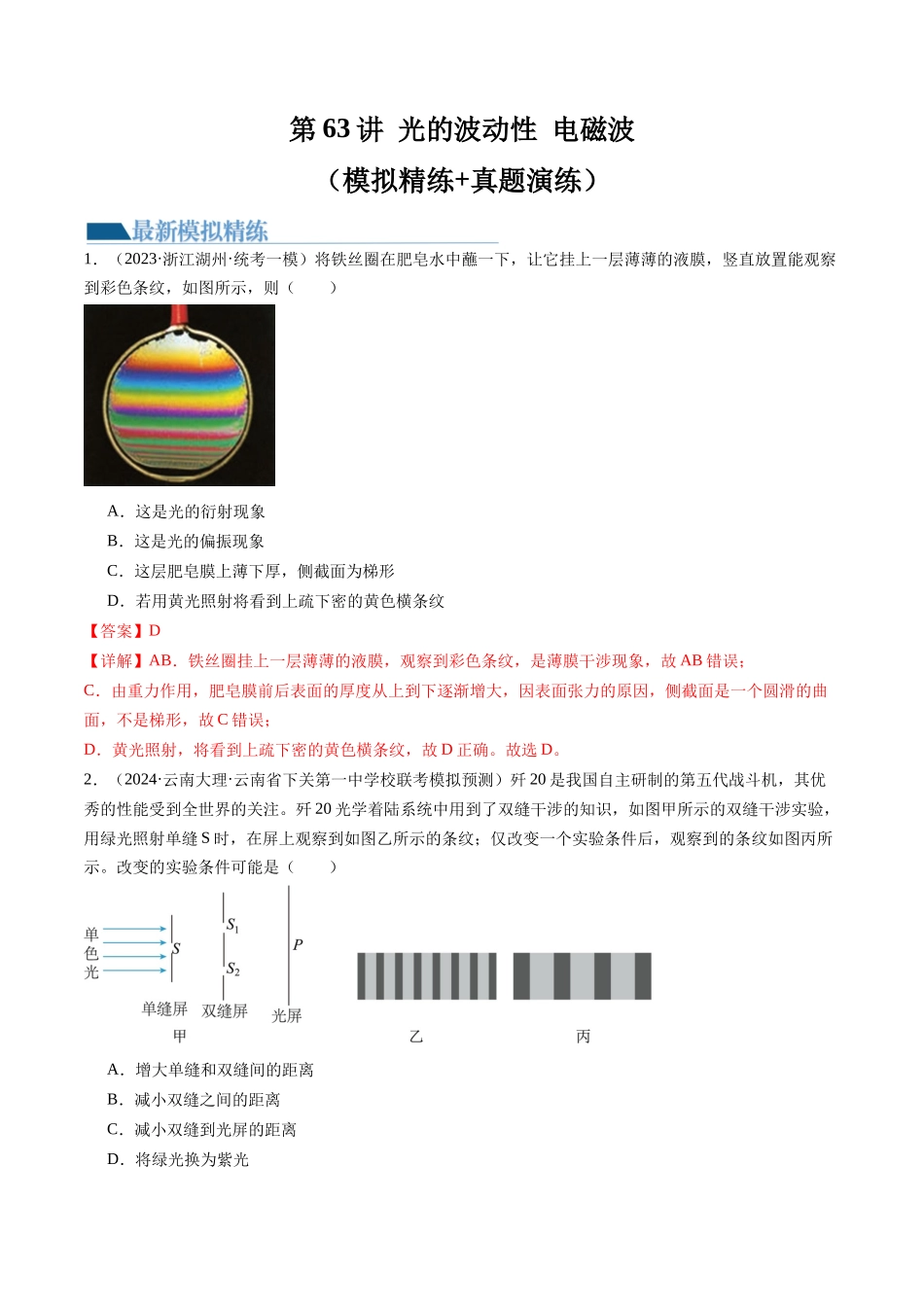 第63讲 光的波动性 电磁波（练习）（解析版）-【物理】2025版三维设计一轮总复习模拟、真题演练.docx_第1页
