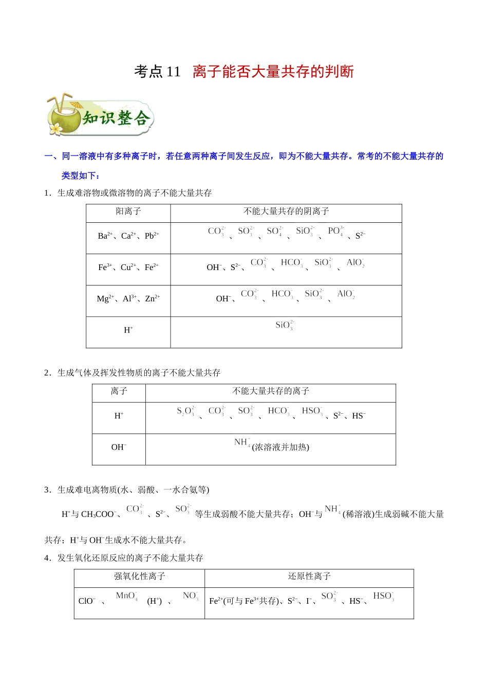 考点11 离子能否大量共存的判断-2025版考点一遍过高考化学.doc_第1页