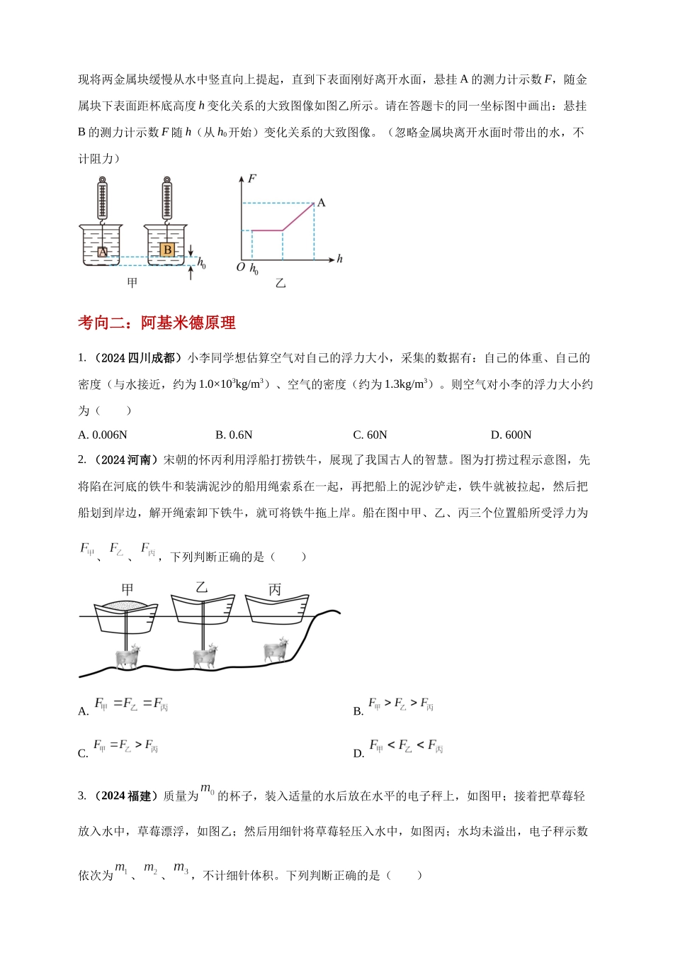 模块一 专题10 浮力及其应用（原卷版 )-25备考物理2024年真题分类汇编.docx_第2页