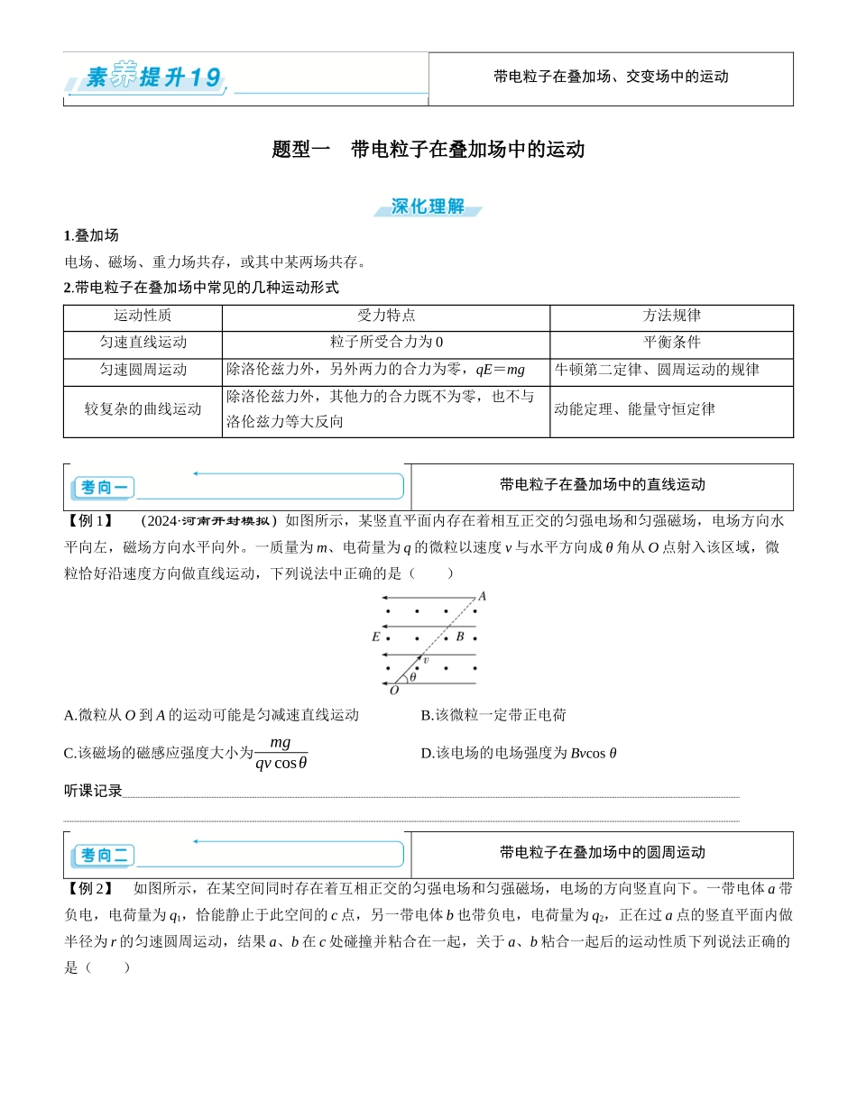 素养提升19⇒带电粒子在叠加场、交变场中的运动-【物理】2025版三维设计一轮总复习学生用书.docx_第1页