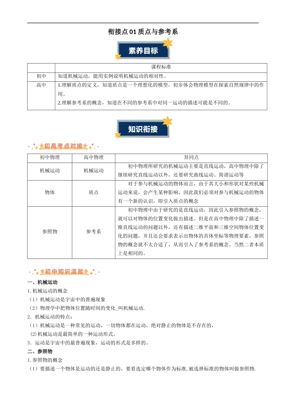 衔接点01 质点与参考系（原卷版）-2025【初升高衔接】新高一暑假学习提升计划（物理）.docx_第1页