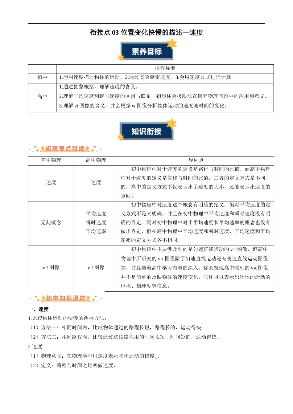 衔接点03 位置变化快慢的描述—速度（原卷版）-2025【初升高衔接】新高一暑假学习提升计划（物理）.docx_第1页