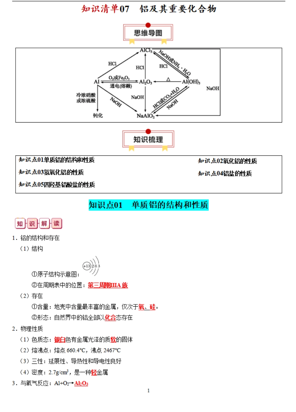 知识清单07  铝及其重要化合物-【口袋书】2024年高考化学一轮复习知识清单.pdf_第1页