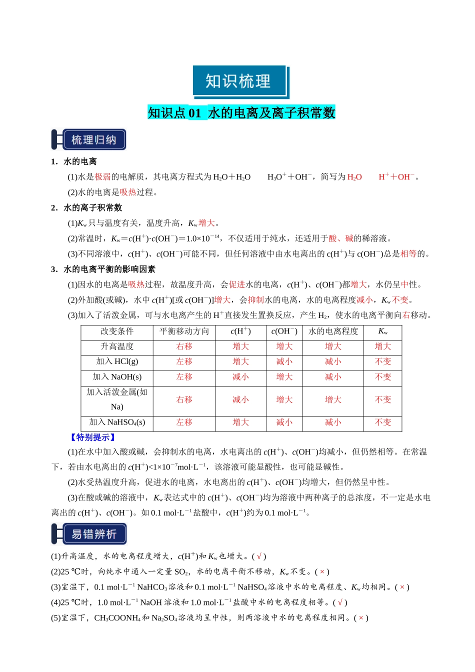 知识清单22 水的电离及溶液的pH-【上好课】2025年高考化学一轮复习知识清单（新高考专用）（解析版）.docx_第2页