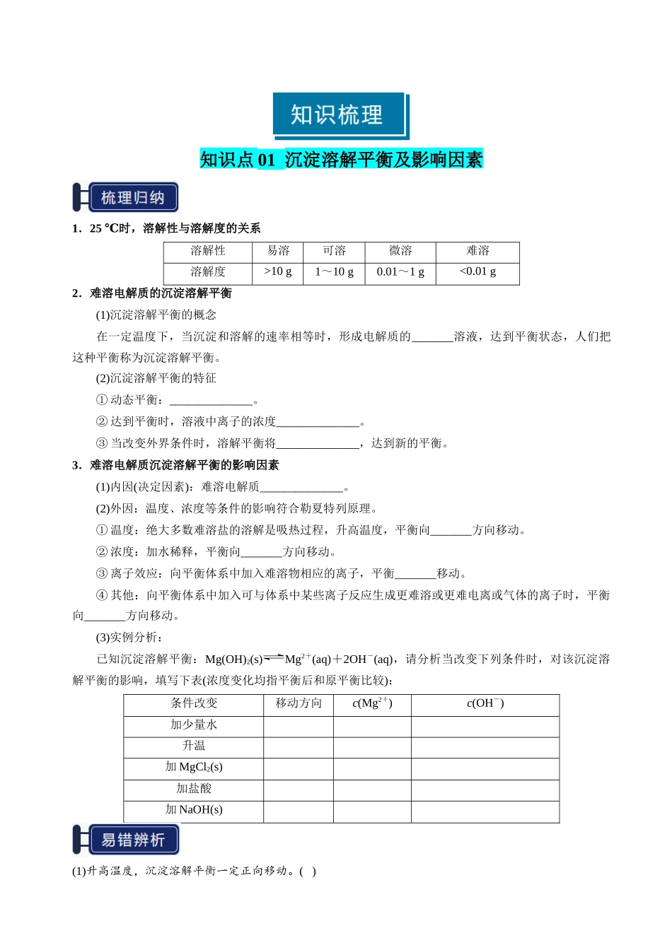 知识清单24 沉淀溶解平衡-【上好课】2025年高考化学一轮复习知识清单（新高考专用）（原卷版）.docx_第2页
