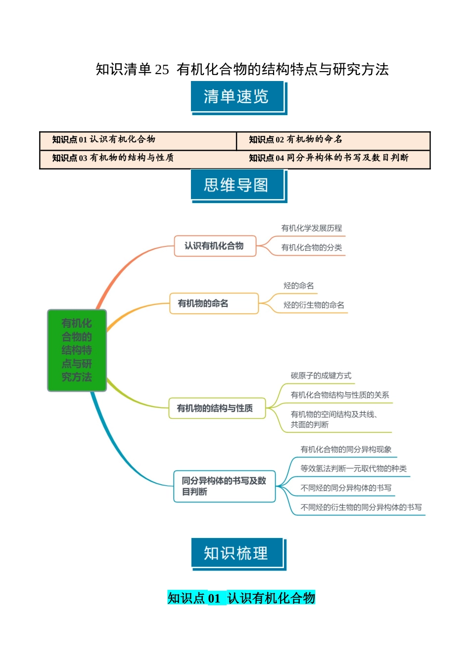 知识清单25有机化合物的结构特点与研究方法（原卷版）-【上好课】2025年高考化学一轮复习知识清单（新高考专用）.docx_第1页