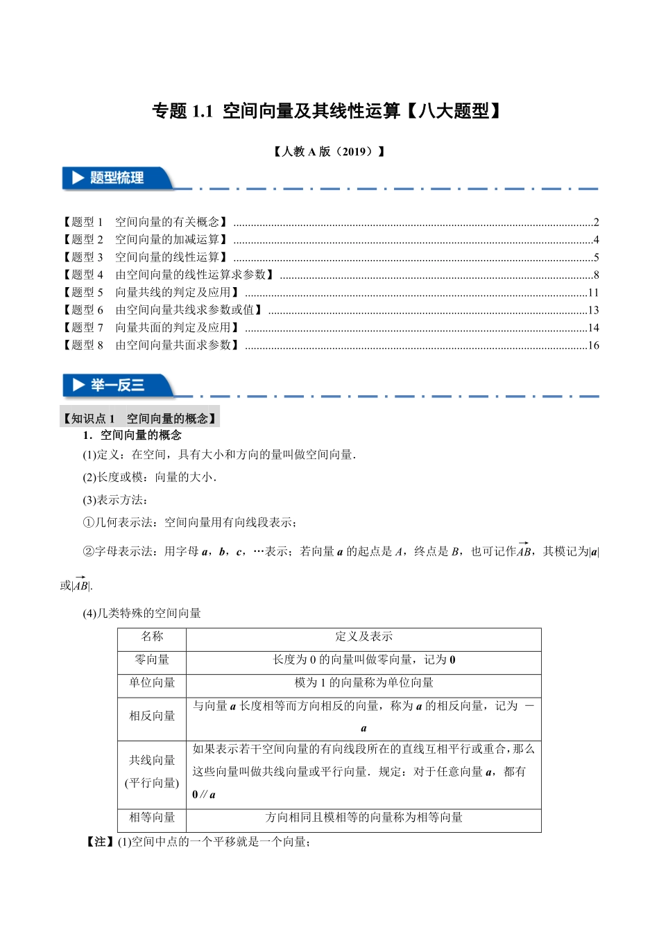 专题1.1 空间向量及其线性运算【八大题型】（解析版）-25学年高二数学举一反三系列（人教A版选择性必修第一册）.pdf_第1页