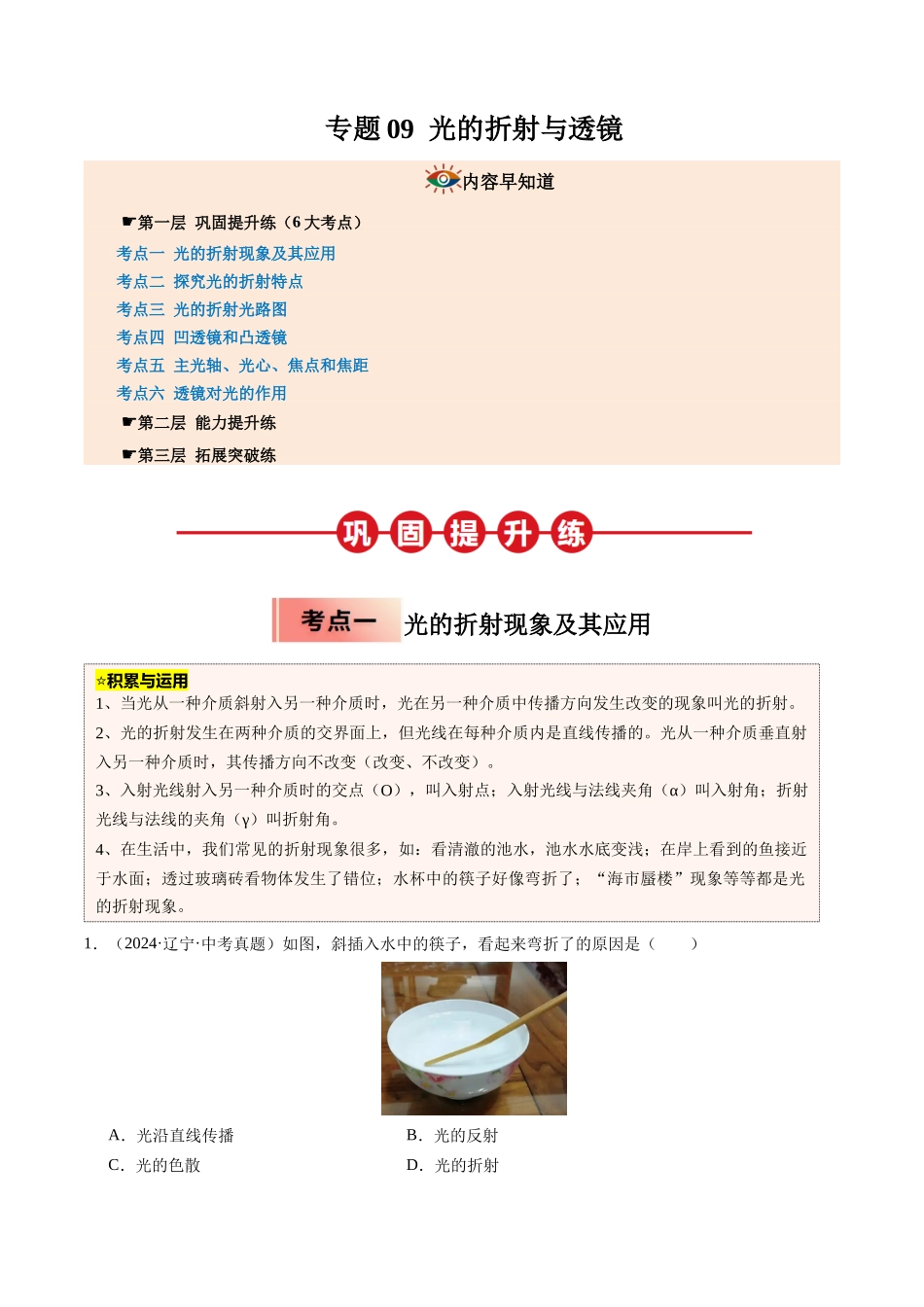 专题09 光的折射与透镜（解析版）-2025【寒假衔接】初中物理培优讲义8年级（人教版）.docx_第1页