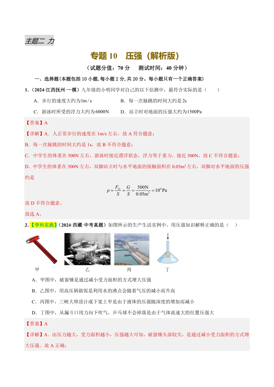专题10  压强（测试）（解析版）【2025中考物理一轮讲练测】.pdf_第1页