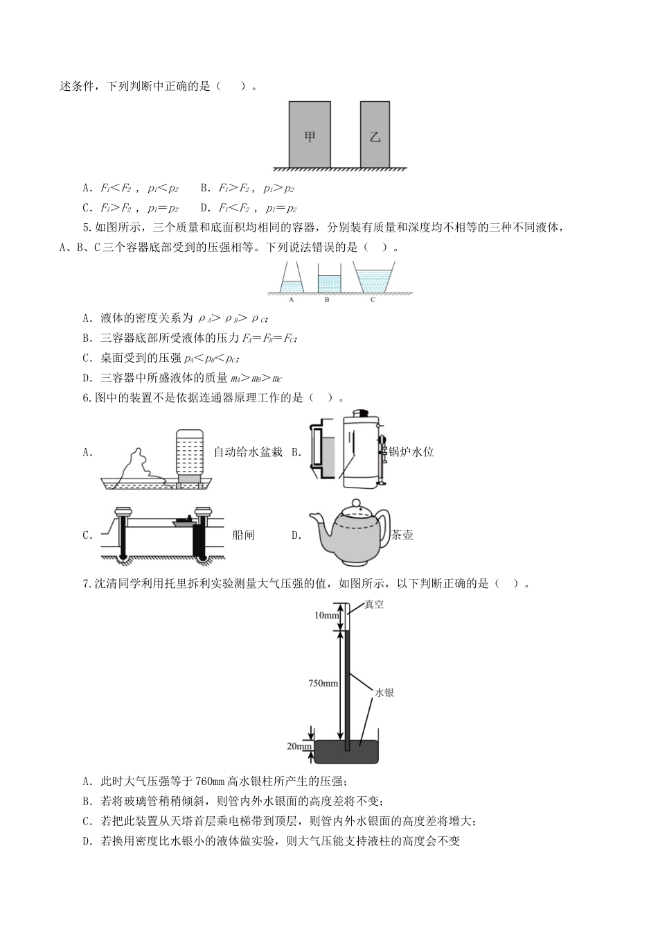 专题10  压强（测试）（学生版）-2025【寒假衔接】初中物理假期培优讲义9年级（人教版）.docx_第2页