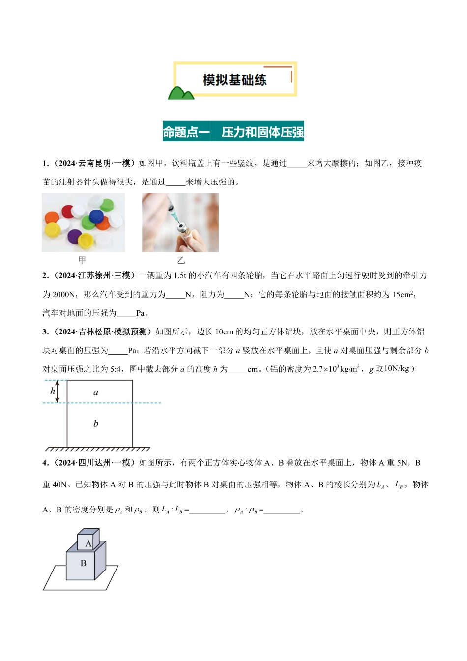 专题10  压强（练习）（原卷版）【2025中考物理一轮讲练测】.pdf_第2页