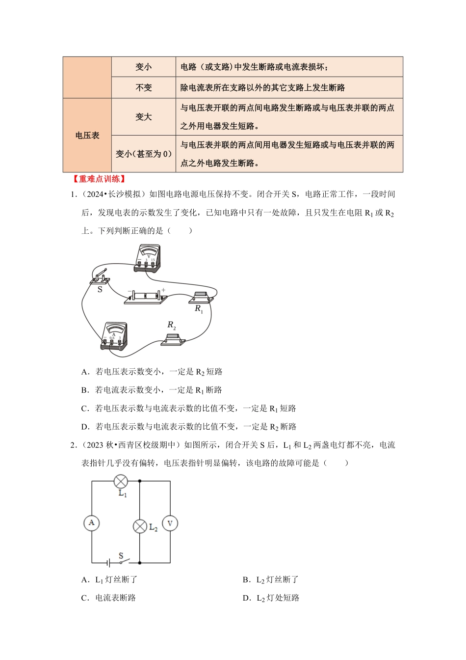 专题15  电路故障的判断（原卷版）-2024年中考物理复习重难点讲解与训练(全国通用).pdf_第2页