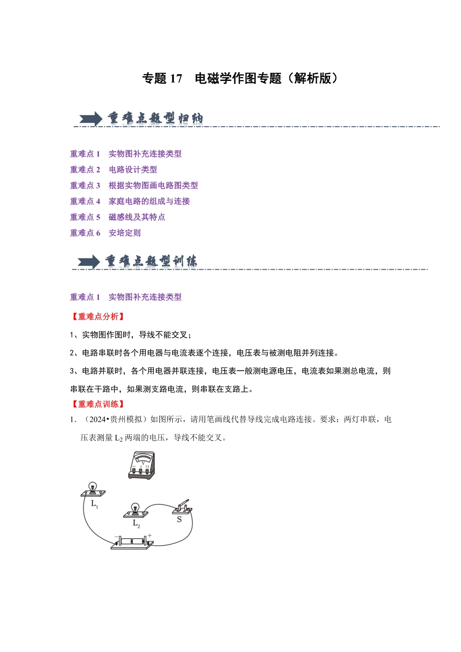 专题17  电磁学作图专题（解析版）-2024年中考物理复习重难点讲解与训练(全国通用).pdf_第1页