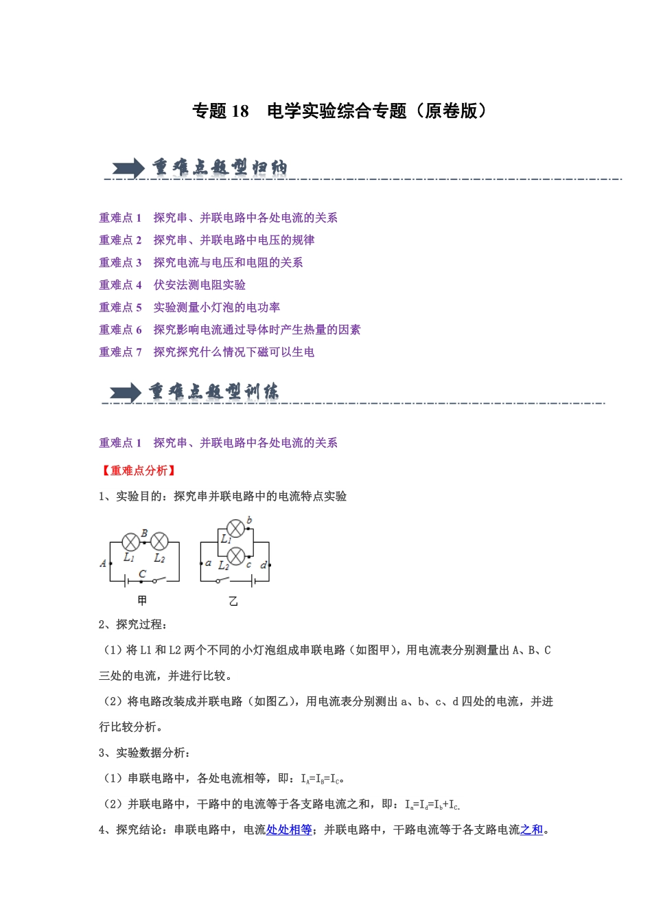 专题18  电学实验综合专题（原卷版）-2024年中考物理复习重难点讲解与训练(全国通用).pdf_第1页
