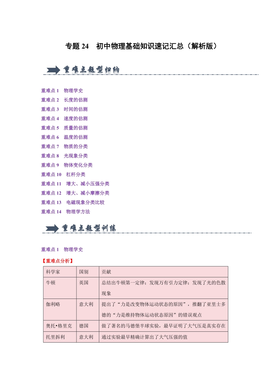 专题24  初中物理基础知识速记汇总（解析版）-2024年中考物理复习重难点讲解与训练(全国通用).pdf_第1页