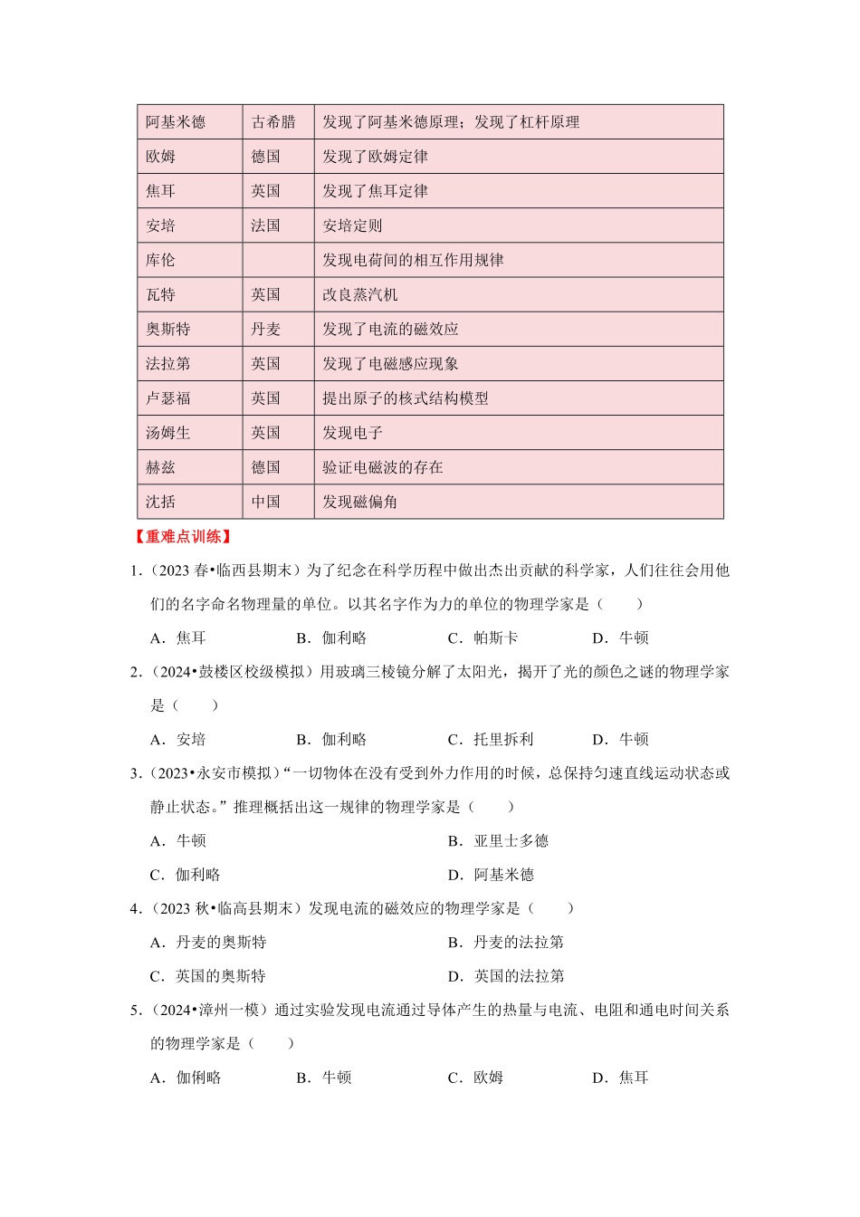 专题24  初中物理基础知识速记汇总（原卷版）-2024年中考物理复习重难点讲解与训练(全国通用).pdf_第2页