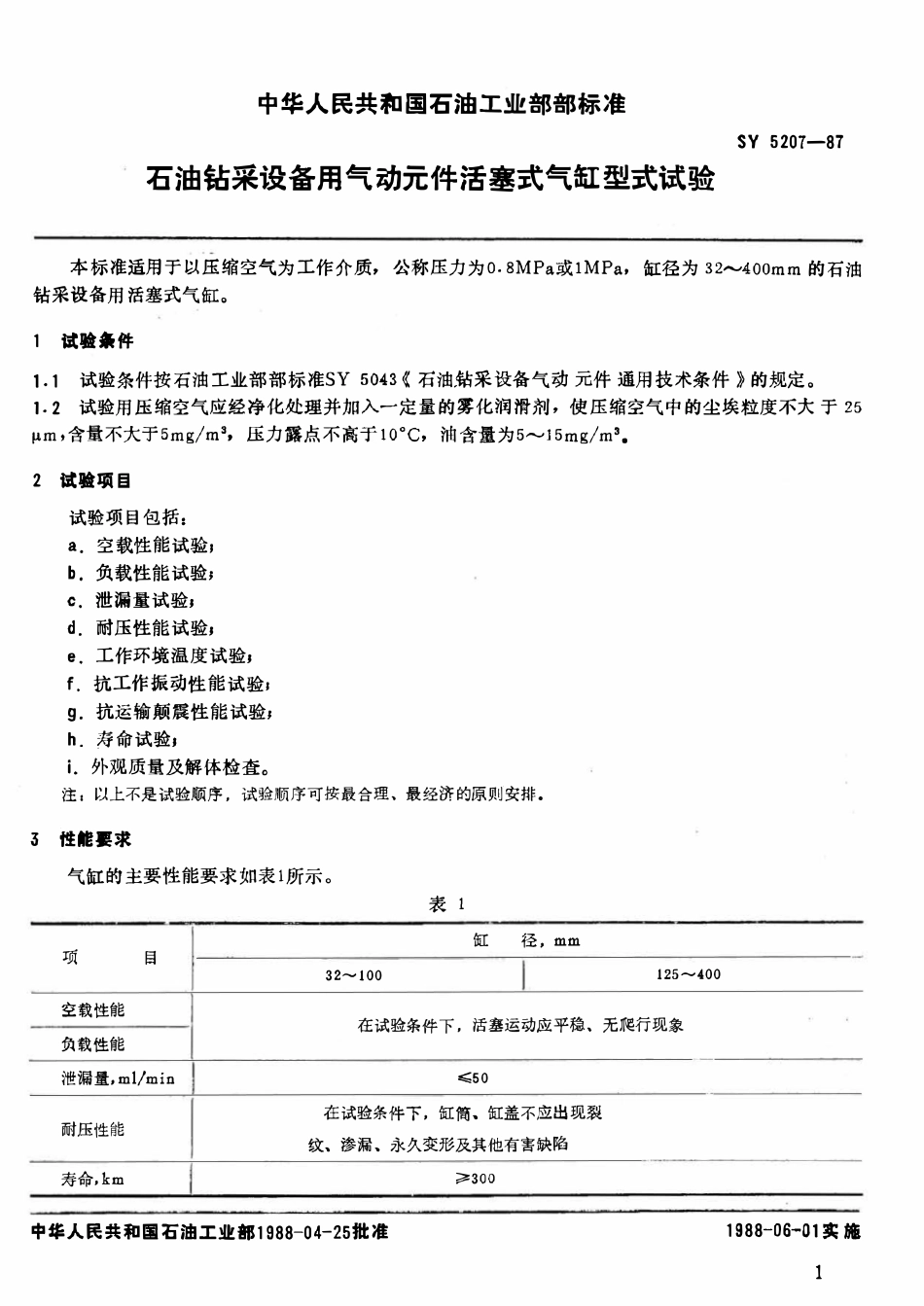 SY 5207-87 石油钻采设备用气动元件活塞式气缸型式试验.pdf_第2页
