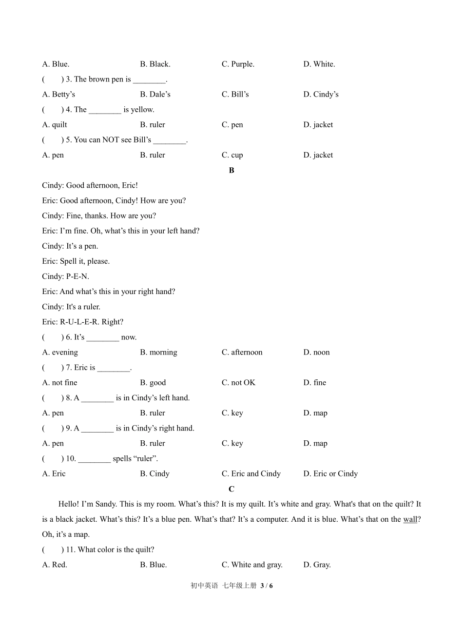 人教版初中英语七年级上册StarterUnit3单元测试01含答案解析.pdf_第3页