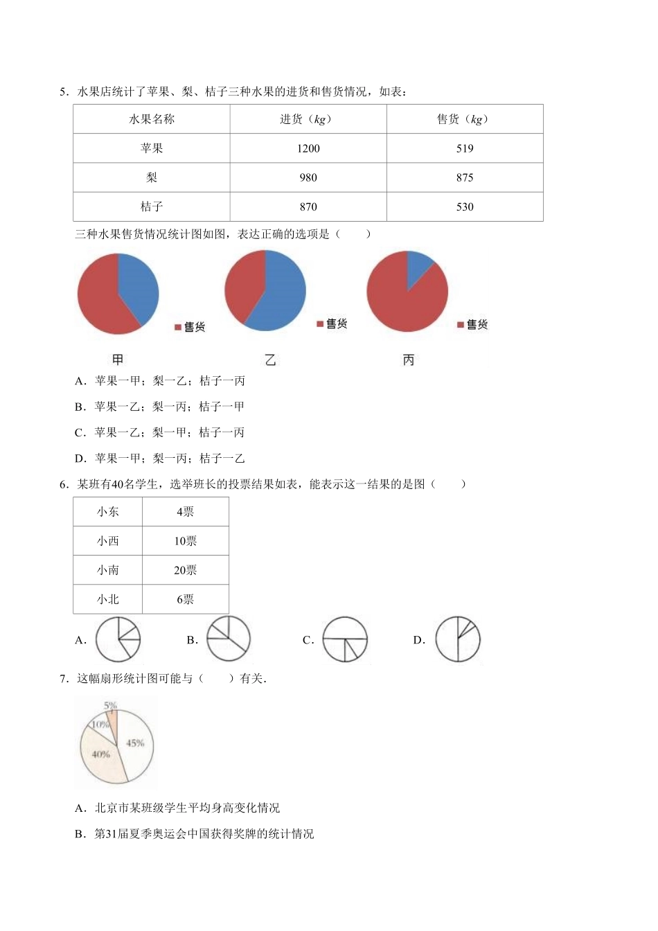 第七章《扇形统计图》六年级数学上册 试卷1 人教版含答案.pdf_第2页